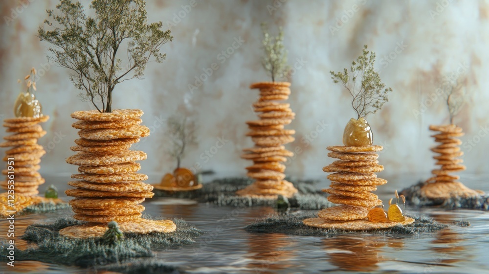 Obraz premium Miniature Worlds: A Culinary Landscape of Stacked Crackers, Tiny Trees, and Amber Gems