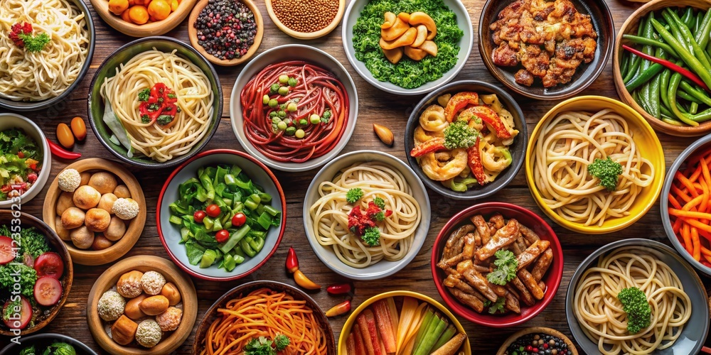 Vibrant Collage of Chinese Noodle Varieties in Top-Down Perspective