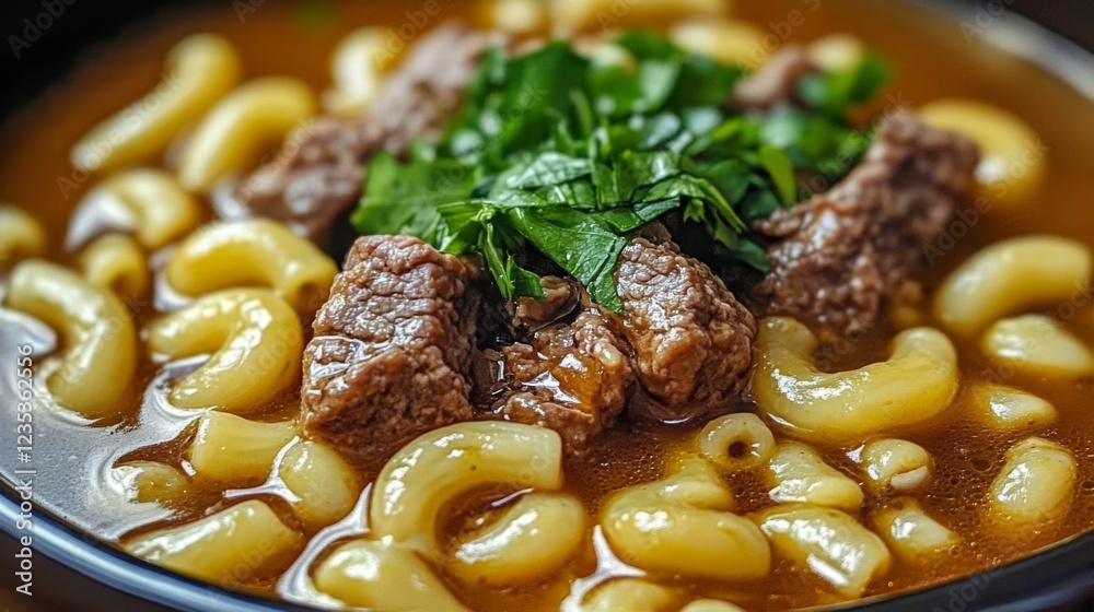 This hearty bowl of beef and macaroni soup is topped with fresh herbs, creating a comforting and flavorful dish that's perfect for a satisfying meal.