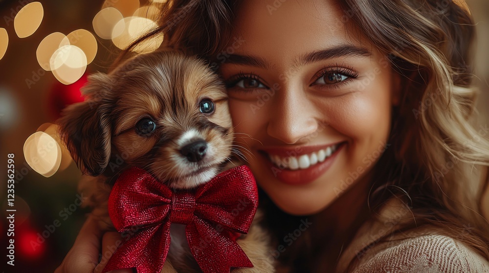 A delightful scene captures a joyful woman holding a cute puppy adorned with a red bow, radiating warmth in a festive, cheerful atmosphere. Perfect for holiday themes. A delightful scene captures a joyful woman holding a cute puppy adorned with a red bow, radiating warmth in a festive, cheerful atmosphere. Perfect for holiday themes.