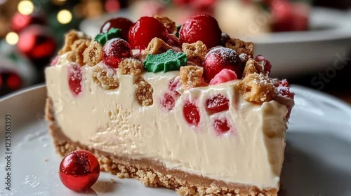 Obraz  z motywem A mouthwatering dessert featuring a festive cake adorned with cherries and colorful decor, perfect for holiday celebrations and showcasing culinary artistry.