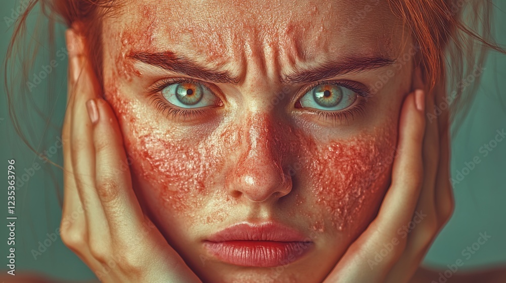 Fototapeta premium An evocative close-up of a woman highlighting dramatic textures on her face, inviting viewers to reflect on the intricate blend of beauty and humanity in her expression.