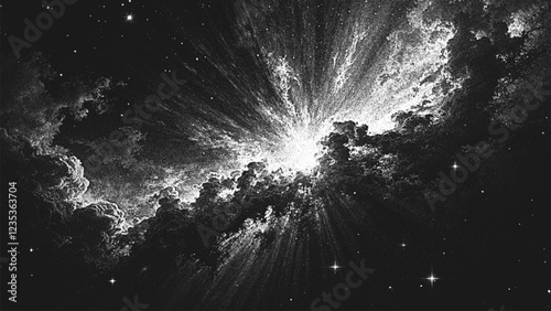 Massive supernova explosion with glowing nebula and cosmic dust illuminated by radiant cosmic energy spreading through deep space in stippling style. Dotwork. Pointillism art. Dots shading. Vector