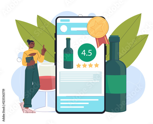 Alcohol rating online. Woman near smartphone with bottle of wine. Online sommelier website. Winemaking and vinery. Tasting alcoholic beverages on internet. Flat vector illustration