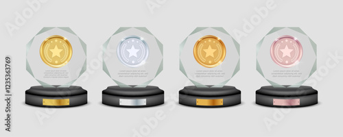 Jade Glass Faceted Octagon Award. Premium Crystal Acrylic Trophies with Customizable Gold, Silver, Bronze, and Rose Gold Medals for Champions. 3D Victory Reward Collection. Vector.