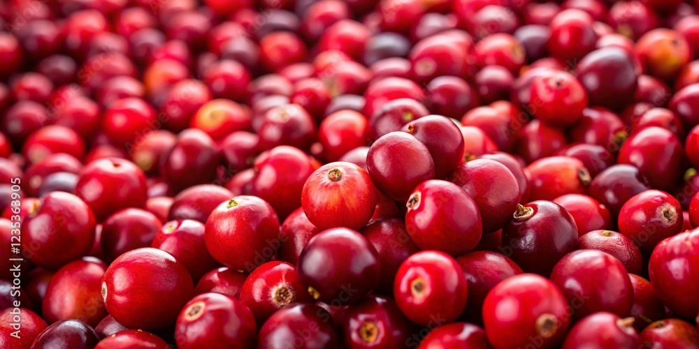 Vibrant Red Cranberries Scattered on a Panoramic Background Vibrant Red Cranberries Scattered on a Panoramic Background