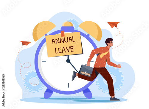 Man with annual leave. Young guy running at background of clocks with notepad list. Productivity at workplace. Holiday and benefit for workers and employees. Flat vector illustration