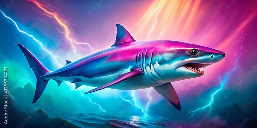 Obraz premium Vibrant Shark Painting with Electric Blue Pink Background - Abstract Ocean Art