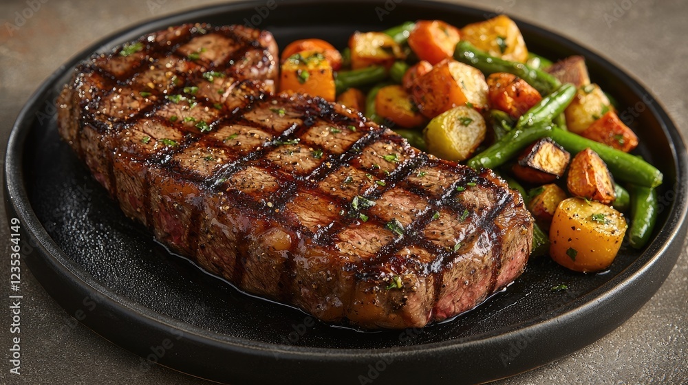 Juicy grilled steak served with roasted vegetables on a black plate, garnished Juicy grilled steak served with roasted vegetables on a black plate, garnished