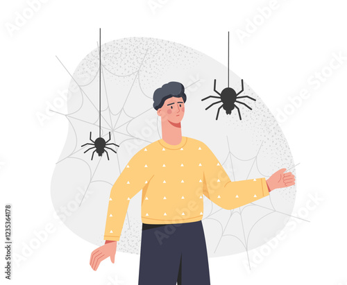 Man with arachnophobia. Young guy near spiders on web. Panic, fear and shock. Stress and panic attack, anxiety. Mental and psychological problems. Flat vector illustration
