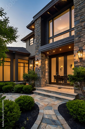 Luxury Modern Home Exterior at Dusk: Stone Facade, Elegant Design, Landscaped Pathway
