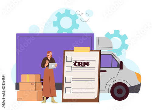 Global truck distribution. Woman near document, cardboard boxes and truck. Import and export of goods. Shipping and logistics, transportation and distribution. Flat vector illustration