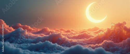 Dreamy Digital Art: Crescent Moon at Sunset Over Swirling Clouds in Ramadan Spirit photo