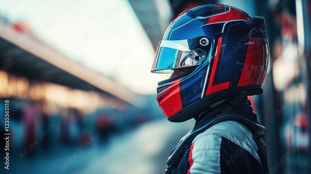 Obraz premium Racer in helmet, focused in pit lane environment.