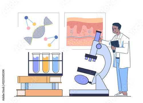 Biology scientists concept. Man in medical uniform with microscope near test tubes with reagents. Scientific research in laboratory. Study of cell structure. Linear vector illustration