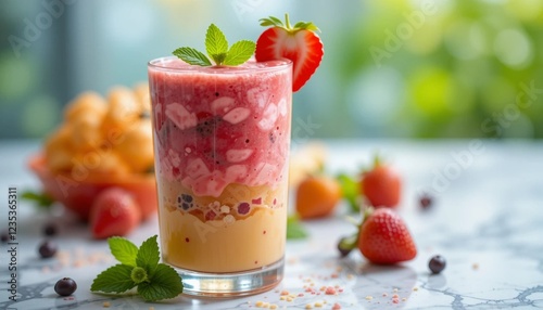 Fresh Fruit Smoothie in a Glass with Mint and Strawberries photo