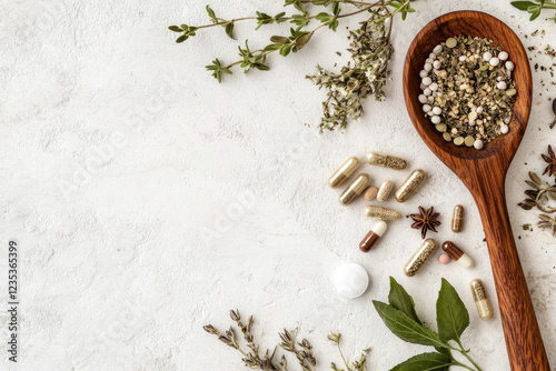 Wallpaper Mural Natural Herbal Supplements in Wooden Spoon with Green Leaves Torontodigital.ca