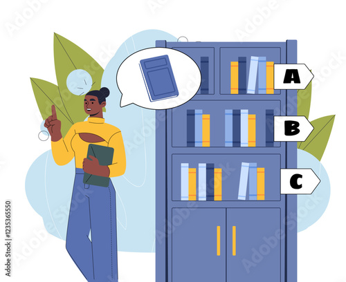 Woman choose books in library. Young girl near bookshelves with textbooks and fiction. Love for reading and literature. Education and learning, training. Flat vector illustration