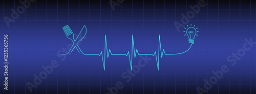 Editable line heart rhythm illustration on blue medical monitor with fork, knife, gear, heartbeat line vector to use for healthcare, healthy food, diet science, healthy lifestyle, brainstorm project. 