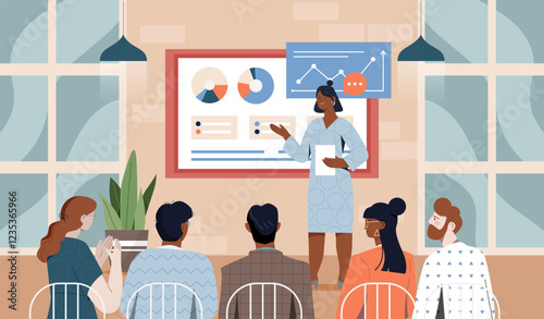 Business training woman. Businesswoman near slide with graphs and charts. Presentation, seminar and lecture. Coaching and mentoring. Education and learning. Flat vector illustration