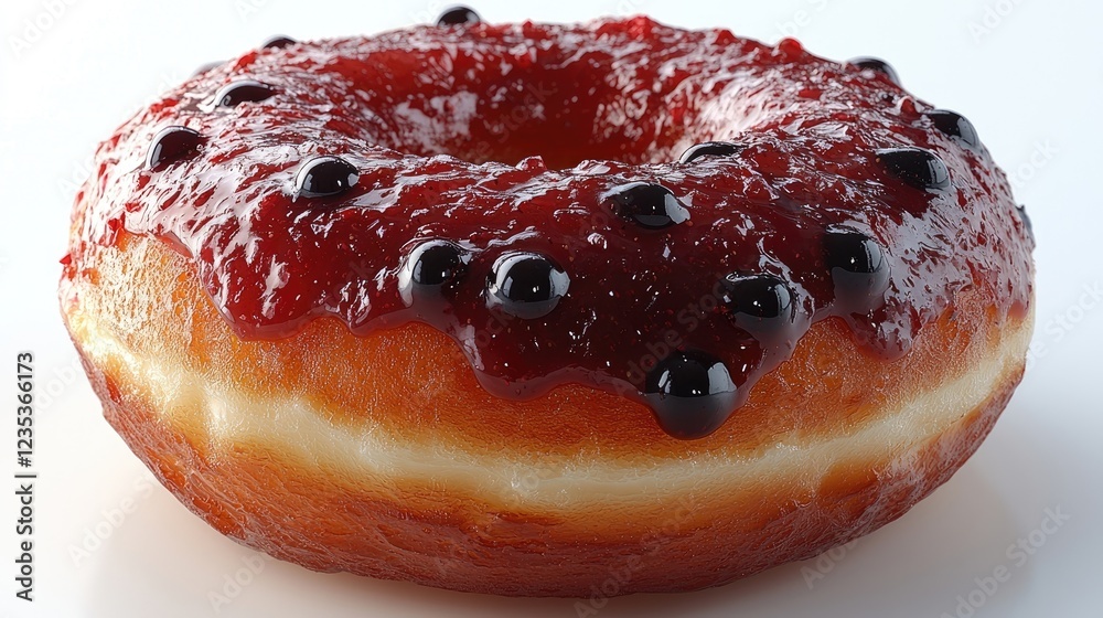 Close-up of a freshly glazed donut topped with berry jam and shiny black beads, on a bright background Close-up of a freshly glazed donut topped with berry jam and shiny black beads, on a bright background