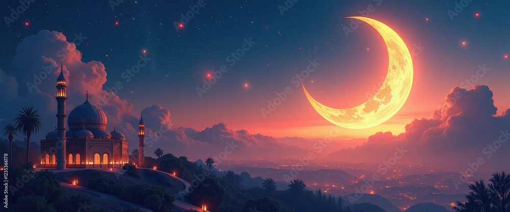 Fototapeta premium Majestic Mosque Illuminated by Ramadan's Moonlit Sky