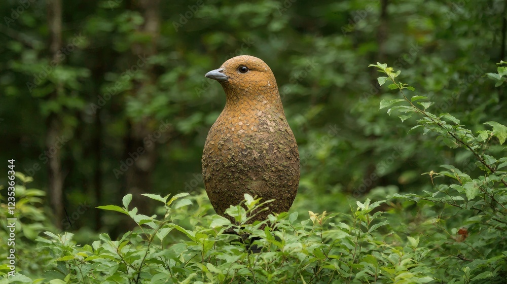Obraz premium Brown stone bird sculpture stands amidst lush green foliage in a forest during the day.