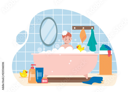 Boy in bathroom. Child in soap foam lying in bath. Cleanliness and hygiene. Room and apartment. Toddler with rubber duck. Routine and everyday chores. Flat vector illustration