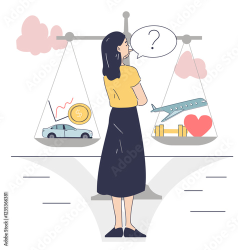 Woman choose transport to travel. Young girl near large scales with plane and car. Travel and trip. Holiday and vacation. Financial literacy and budgeting. Linear vector illustration