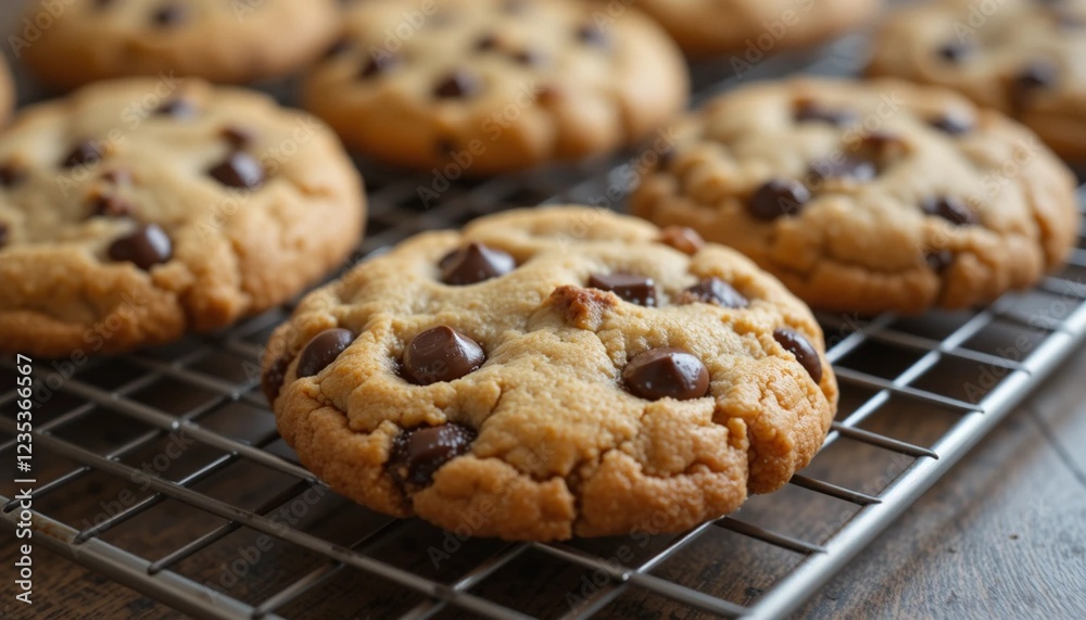 Freshly Baked Chocolate Chip Cookies on a Cooling Rack