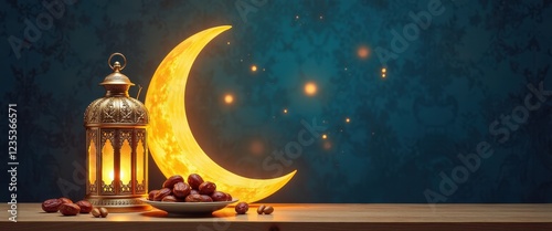 Golden Crescent Moon Lantern and Dates Against a Starry Night Ramadan Scene photo