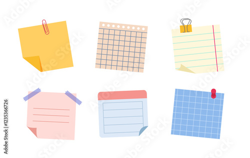 Colorful paper notes set. Sticky notepad papers. School or office supply and stationery. Tasks and time management. Flat vector collection isolated on white background