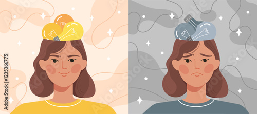 Brainstorming woman concept. Young girl with lightbulbs inside head. Creativity and imagination, inspiration. Person with versus without ideas. Flat vector illustration