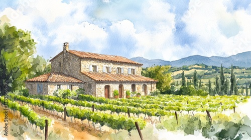 Watercolor Painting Of Stone Farmhouse In Rolling Vineyards, Sunny Sky, Peaceful French Countryside Landscape, Serene Rustic Art