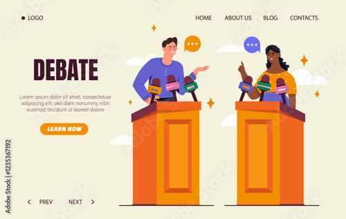Political debate banner. Man and woman on tribunes with microphones. Presidential campaign, election and referendum. Democracy and freedom of speech. Landing page design. Flat vector illustration
