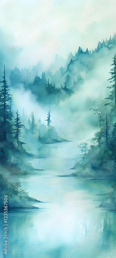 Fototapeta premium A soft watercolor painting of a calm river running through a misty forest with soft blues and greens