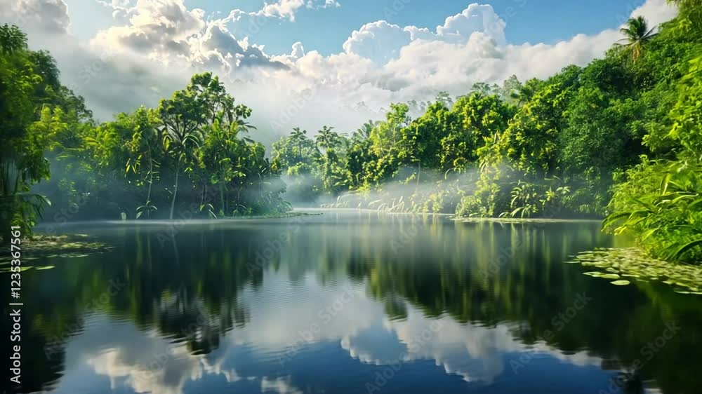 lake in the forest with clear water and green trees footage