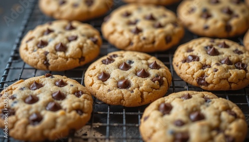 Freshly Baked Chocolate Chip Cookies on a Cooling Rack photo