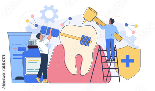 Dentist team concept. Two men in medical uniforms brush huge tooth. Dentistry and stomatology. Healthcare and medicine. Diagnosis and treatment. Linear vector illustration
