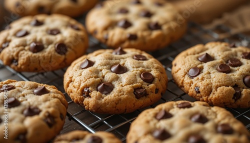 Freshly Baked Chocolate Chip Cookies on a Cooling Rack photo