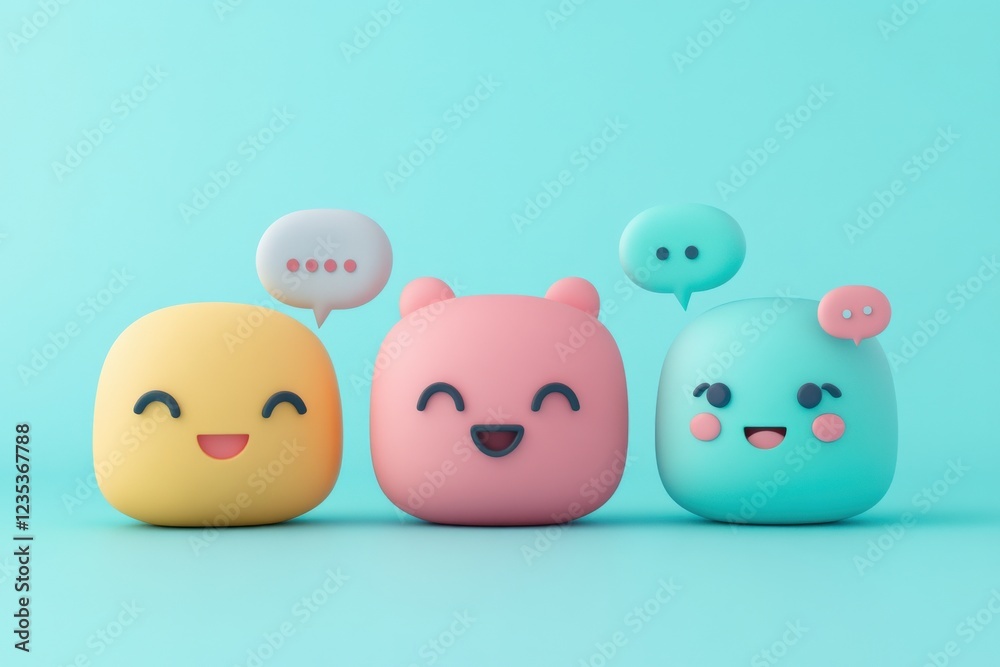 Adorable Animated Characters with Smiling Faces on a Soft Blue Background Adorable Animated Characters with Smiling Faces on a Soft Blue Background