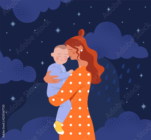 Depressed mother with kid. Sad mother with toddler in hands. Depression and frustration, loneliness. Mental and psychological problems. Postpartum syndrome. Flat vector illustration