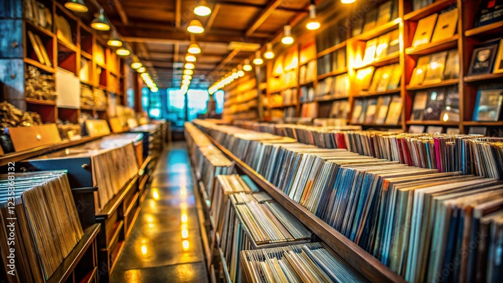Fototapeta premium Vintage Record Store: Rows of Vinyl LP's in Well-Lit Space