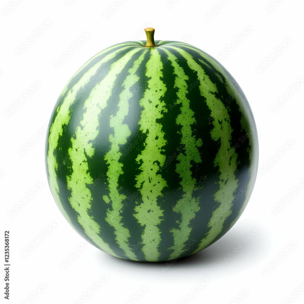 Fresh Watermelon With Striped Green Skin Perfectly Rounded On Isolated Background Fresh Watermelon With Striped Green Skin Perfectly Rounded On Isolated Background