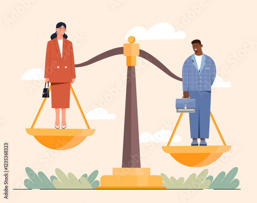 Discrimination and inequality. Man and woman in scales. Sex and gender discrimination. Unequal career opportunities. Sexism and feminism. Flat vector illustration