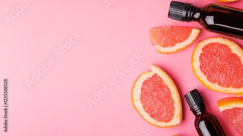 Grapefruit slices and essential oil bottles on pink.
