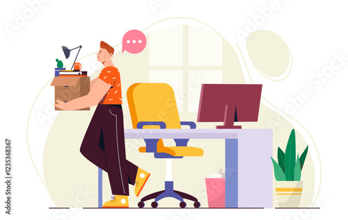 Dismissal man concept. Young guy with cardboard box with things in office. Employee or worker leave office. Unemployment and bankruptcy. Failure and problem. Flat vector illustration