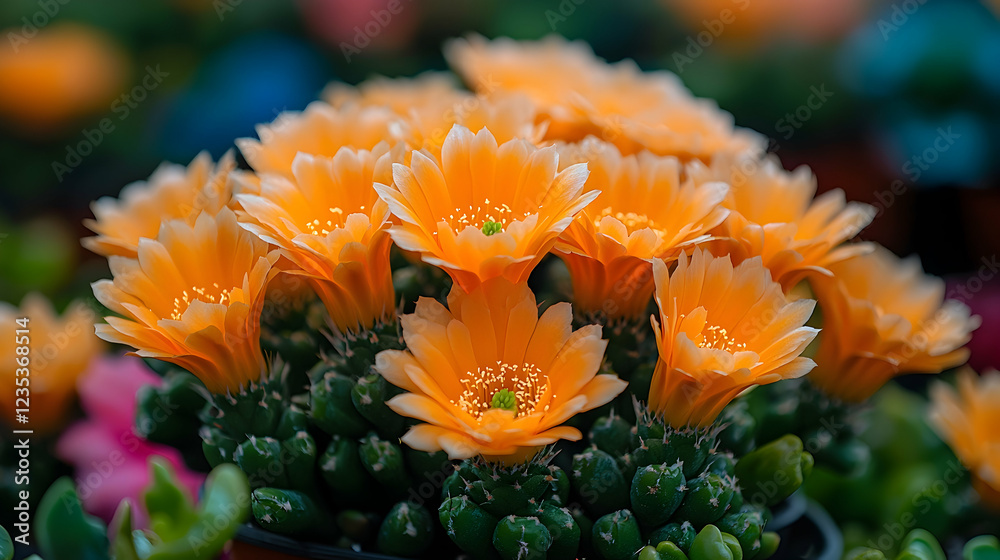 Orange cactus blossoms, greenhouse, blurred background, gardening Orange cactus blossoms, greenhouse, blurred background, gardening