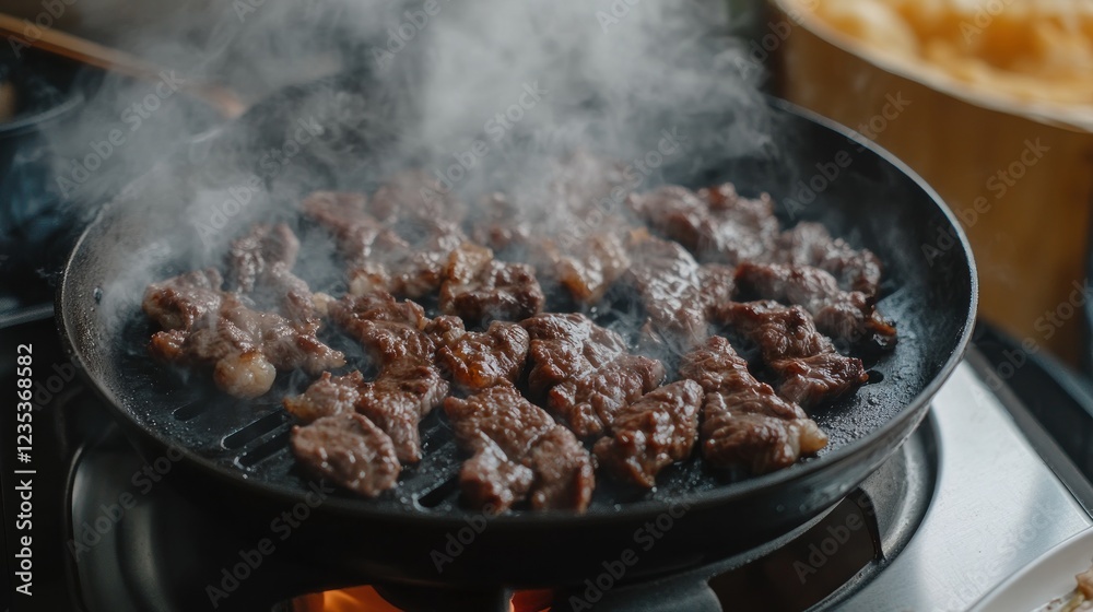 Cooking meat on a grill with steam rising. Cooking meat on a grill with steam rising.