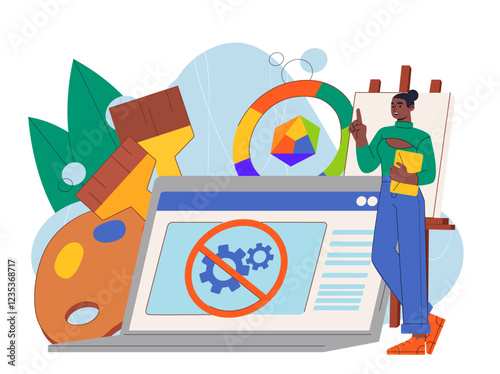 Drawing without AI. Woman near laptop with crossed out gears. Refusal from artificial intelligence and machine learning. Graphic designer fight against innovations. Flat vector illustration